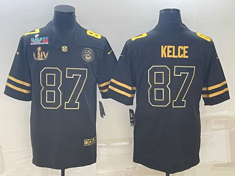 Kansas City Chiefs #87 Travis Kelce Black Golden Super Bowl LV And Super Bowl LVII Patch Vapor Limited Stitched Jersey