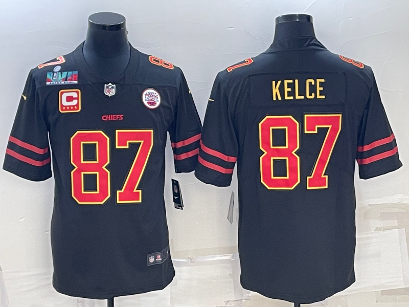 Kansas City Chiefs #87 Travis Kelce Black Red Gold Super Bowl LVII Patch And 4-Star C Patch Vapor Untouchable Limited Stitched Jersey