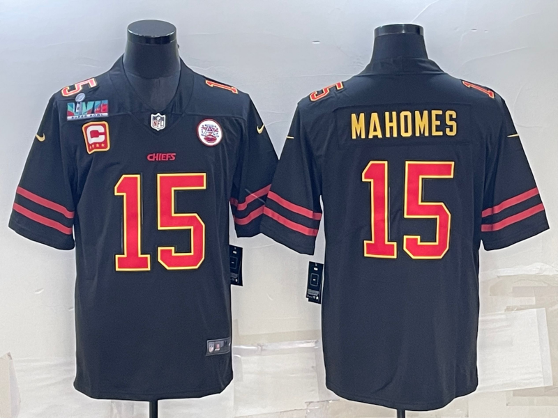  Kansas City Chiefs #15 Patrick Mahomes Black Red Gold Super Bowl LVII Patch And 4-Star C Patch Vapor Untouchable Limited Stitched Jersey
