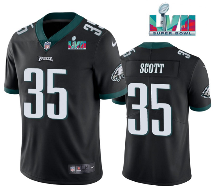 Philadelphia Eagles #35 Boston Scott Black Super Bowl LVII Patch Vapor Untouchable Limited Stitched Jersey