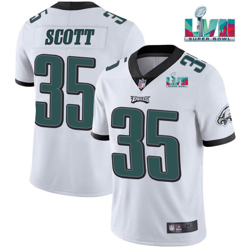 Philadelphia Eagles #35 Boston Scott White Super Bowl LVII Patch Vapor Untouchable Limited Stitched Jersey