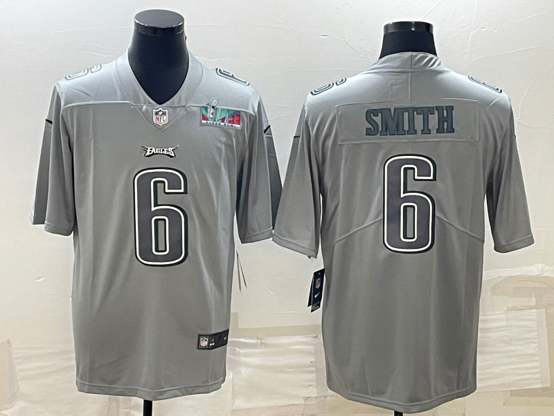 Philadelphia Eagles #6 DeVonta Smith Gray Super Bowl LVII Patch Atmosphere Fashion Stitched Jersey