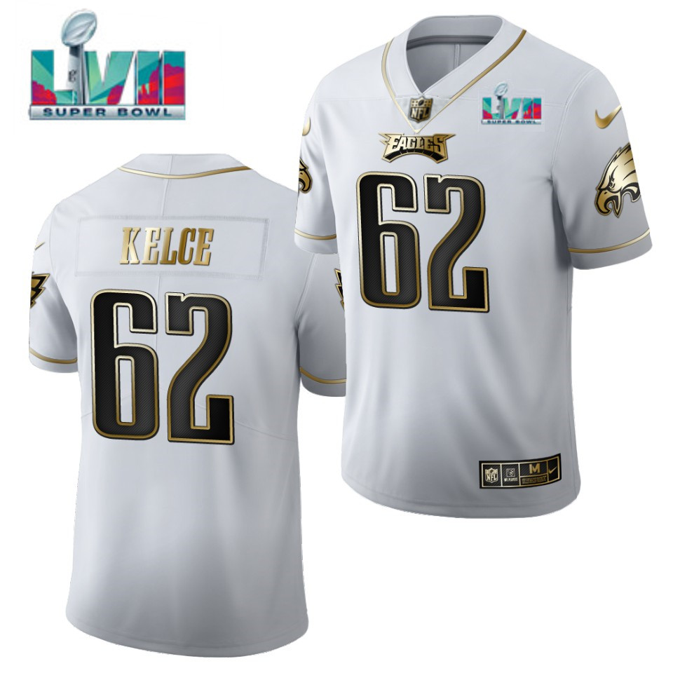 Philadelphia Eagles #62 Jason Kelce White Golden Super Bowl LVII Patch Limited Stitched Jersey