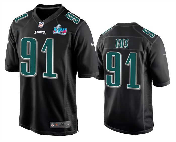 Philadelphia Eagles #91 Fletcher Cox Black Super Bowl LVII Patch Stitched Game Jersey