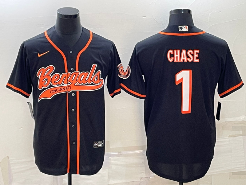 Cincinnati Bengals #1 Ja'Marr Chase Black With Patch Cool Base Stitched Baseball Jersey