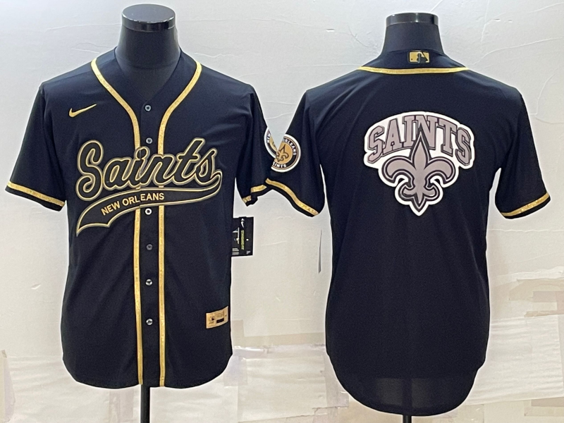 New Orleans Saints Black Gold Team Big Logo With Patch Cool Base Stitched Baseball Jersey