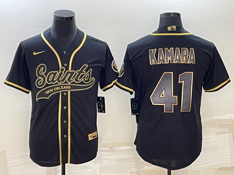 New Orleans Saints #41 Alvin Kamara Black Gold With Patch Cool Base Stitched Baseball Jersey