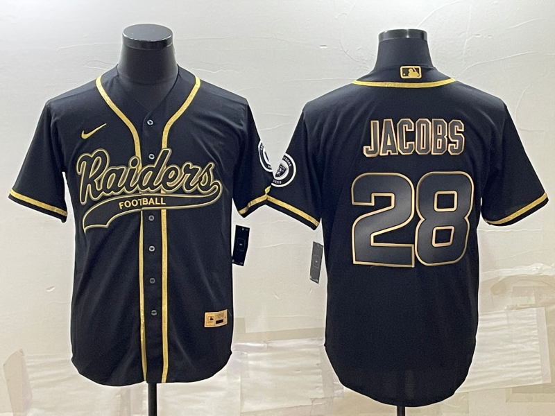 Las Vegas Raiders #28 Josh Jacobs Black Gold With Patch Cool Base Stitched Baseball Jersey