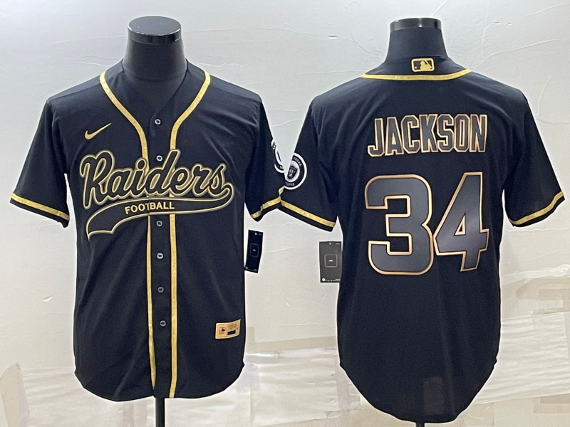 Las Vegas Raiders #34 Bo Jackson Black Gold With Patch Cool Base Stitched Baseball Jersey