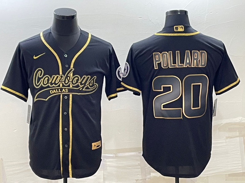 Dallas Cowboys #20 Tony Pollard Black Gold With Patch Cool Base Stitched Baseball Jersey