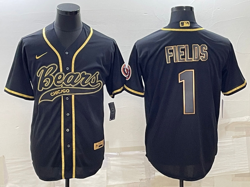 Chicago Bears #1 Justin Fields Black Gold With Patch Cool Base Stitched Baseball Jersey