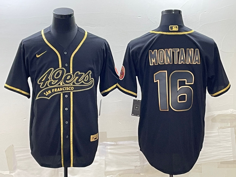 San Francisco 49ers #16 Joe Montana Black Gold With Patch Cool Base Stitched Baseball Jersey