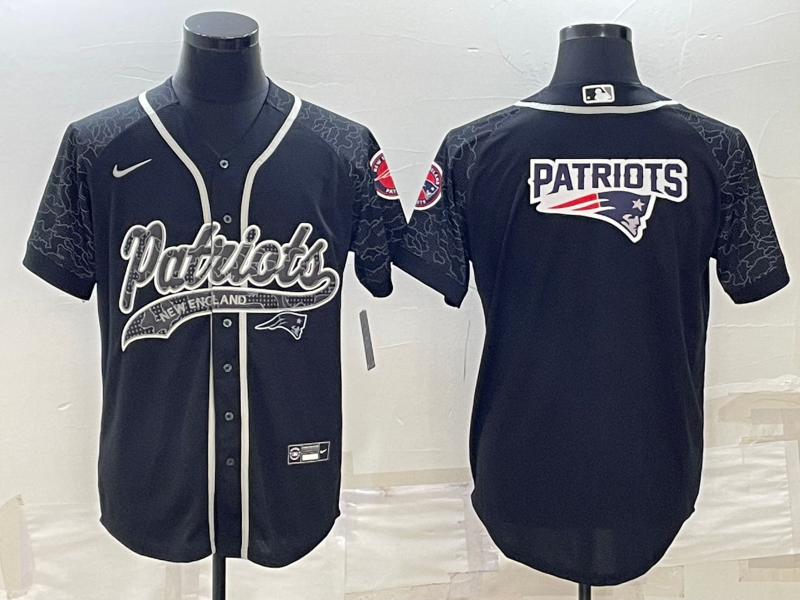 New England Patriots Black Reflective Team Big Logo With Patch Cool Base Stitched Baseball Jersey