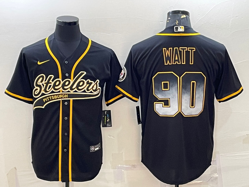 Pittsburgh Steelers #90 T.J. Watt Black Gold With Patch Cool Base Stitched Baseball Jersey