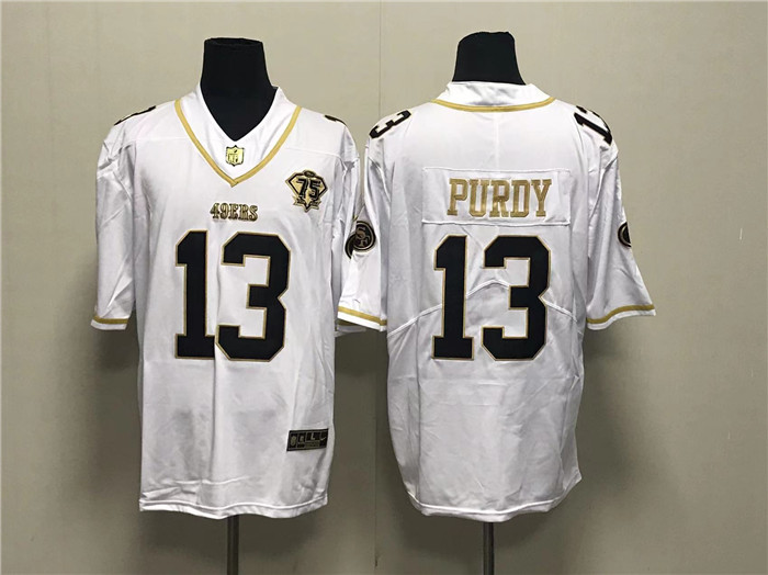San Francisco 49ers #13 Brock Purdy White Gold With 75th Anniversary Patch Stitched Jersey