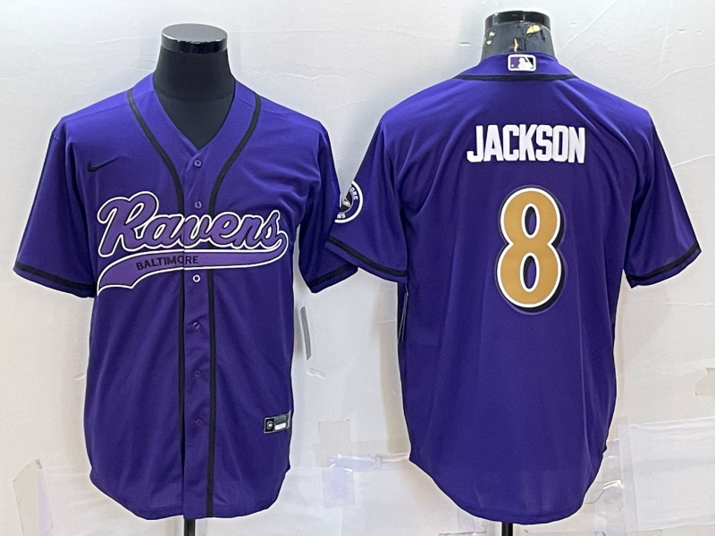 Baltimore Ravens #8 Lamar Jackson Purple Gold With Patch Cool Base Stitched Baseball Jersey