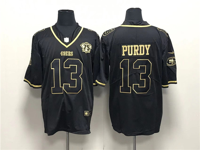 San Francisco 49ers #13 Brock Purdy Black Gold With 75th Anniversary Patch Stitched Jersey