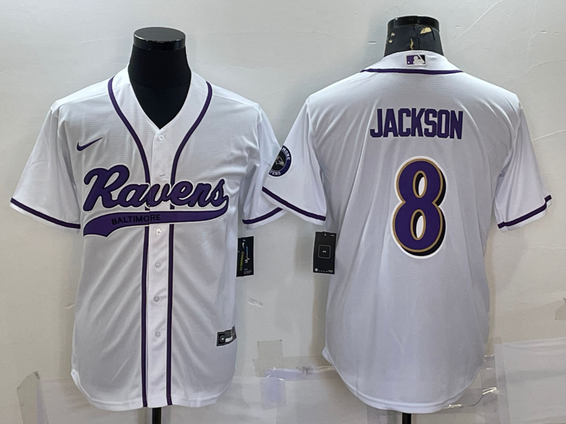 Baltimore Ravens #8 Lamar Jackson White With Patch Cool Base Stitched Baseball Jersey