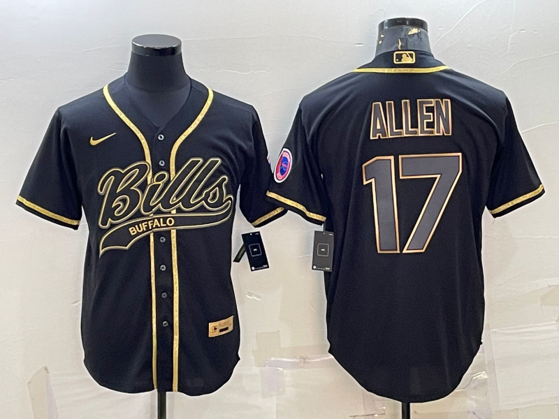 Buffalo Bills #17 Josh Allen Black Gold Edition With Patch Cool Base Stitched Baseball Jersey