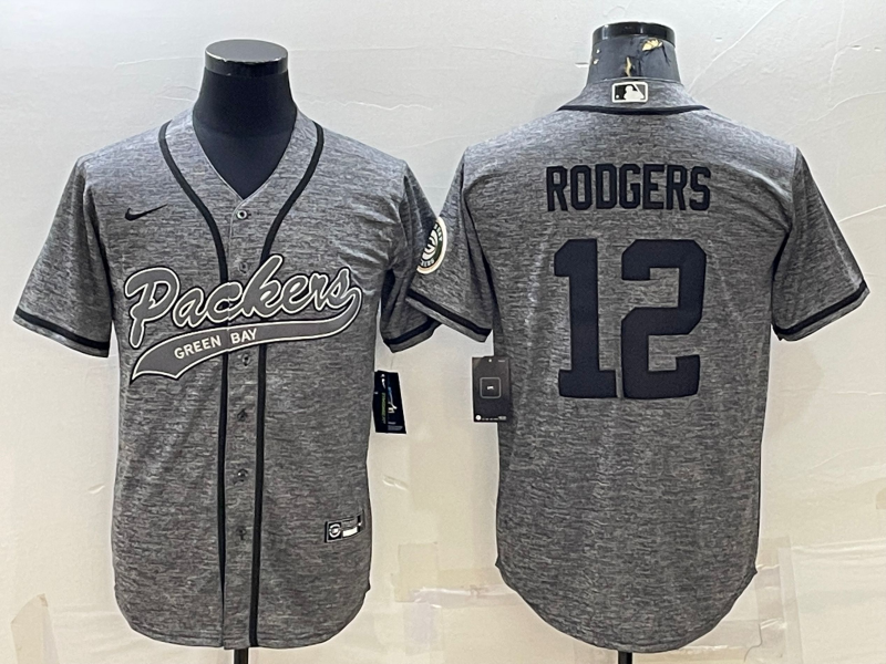 Green Bay Packers #12 Aaron Rodgers Grey With Patch Cool Base Stitched Baseball Jersey