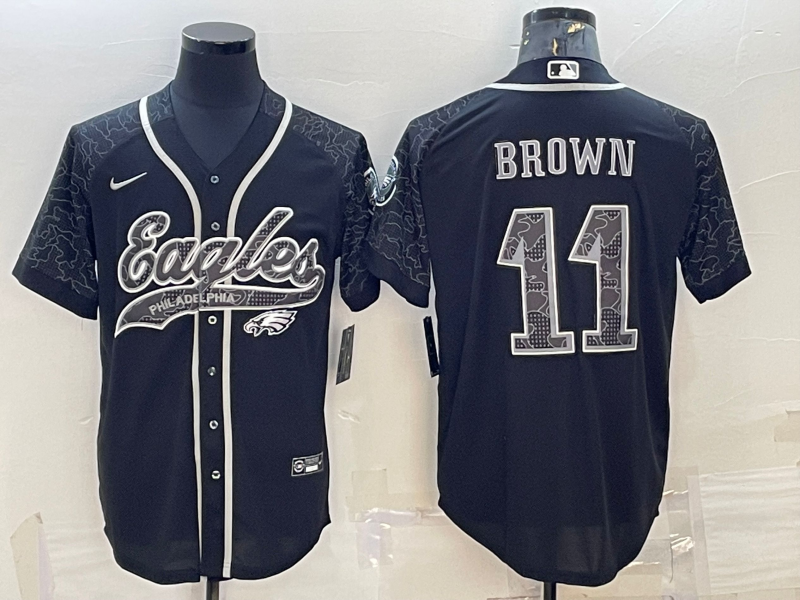 Philadelphia Eagles #11 A. J. Brown Black Reflective With Patch Cool Base Stitched Baseball Jersey