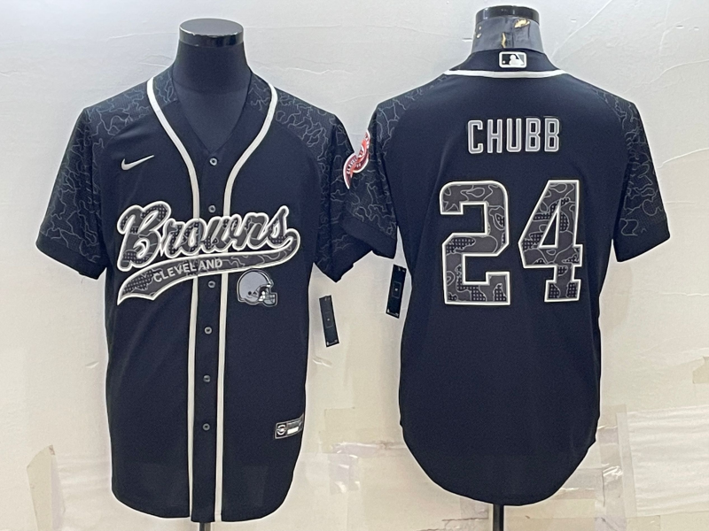 Cleveland Browns #24 Nick Chubb Black Reflective With Patch Cool Base Stitched Baseball Jersey