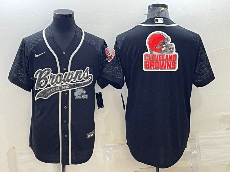 Cleveland Browns Black Reflective Team Big Logo With Patch Cool Base Stitched Baseball Jersey