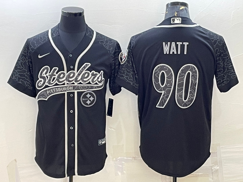Pittsburgh Steelers #90 T.J. Watt Black Reflective With Patch Cool Base Stitched Baseball Jersey