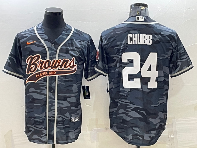Cleveland Browns #24 Nick Chubb Grey Camo With Patch Cool Base Stitched Baseball Jersey