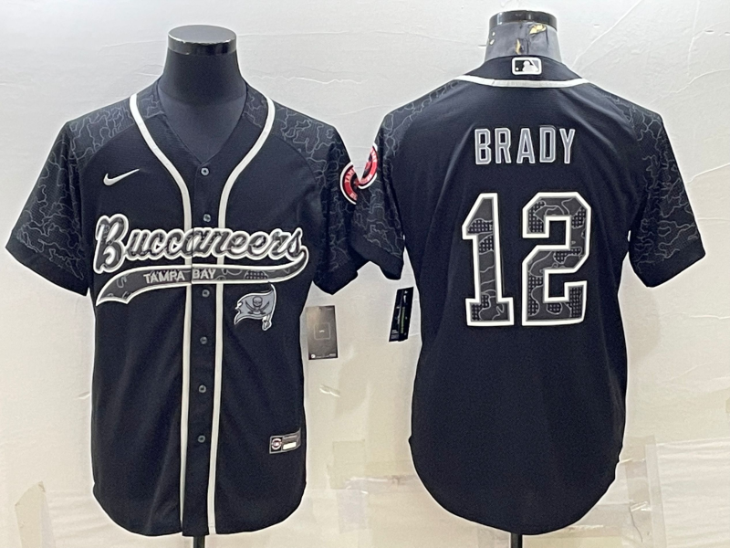 Tampa Bay Buccaneers #12 Tom Brady Black Reflective With Patch Cool Base Stitched Baseball Jersey