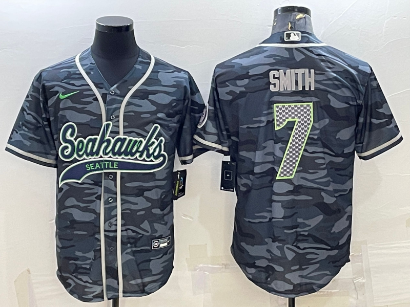 Seattle Seahawks #7 Geno Smith Grey Camo With Patch Cool Base Stitched Baseball Jersey