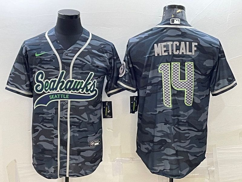 Seattle Seahawks #14 DK Metcalf Grey Camo With Patch Cool Base Stitched Baseball Jersey