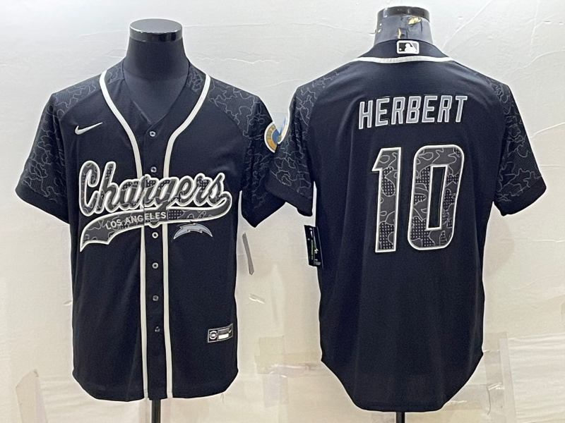 Los Angeles Chargers #10 Justin Herbert Black Reflective With Patch Cool Base Stitched Baseball Jersey