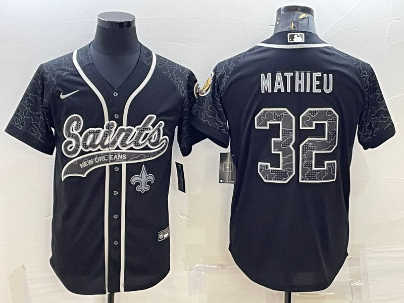 New Orleans Saints #32 Tyrann Mathieu Black Reflective With Patch Cool Base Stitched Baseball Jersey