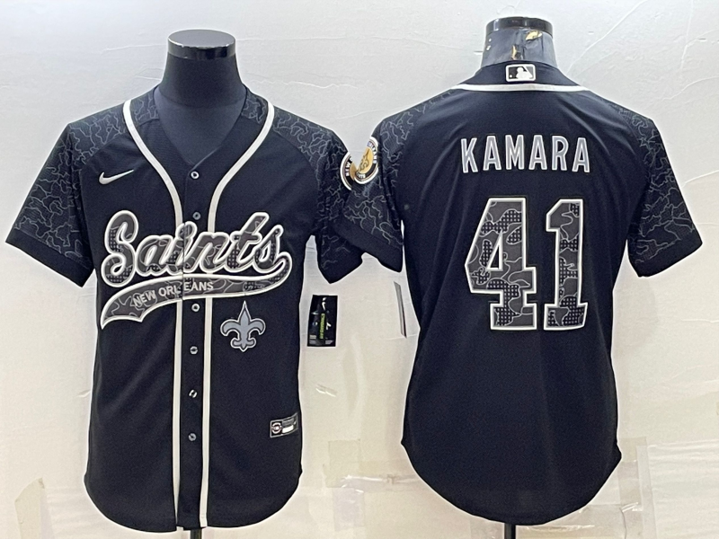 New Orleans Saints #41 Alvin Kamara Black Reflective With Patch Cool Base Stitched Baseball Jersey
