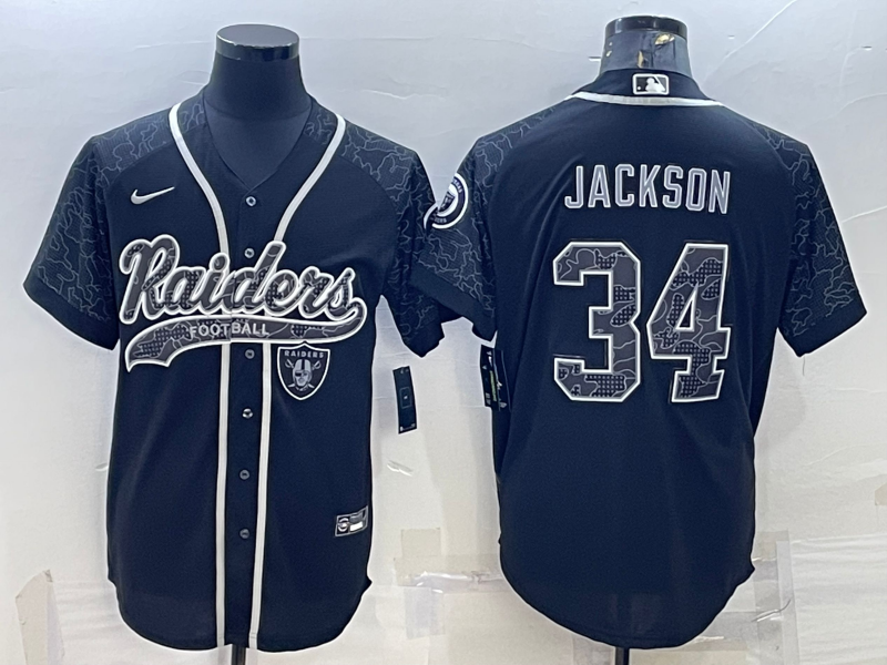 Las Vegas Raiders #34 Bo Jackson Black Reflective With Patch Cool Base Stitched Baseball Jersey