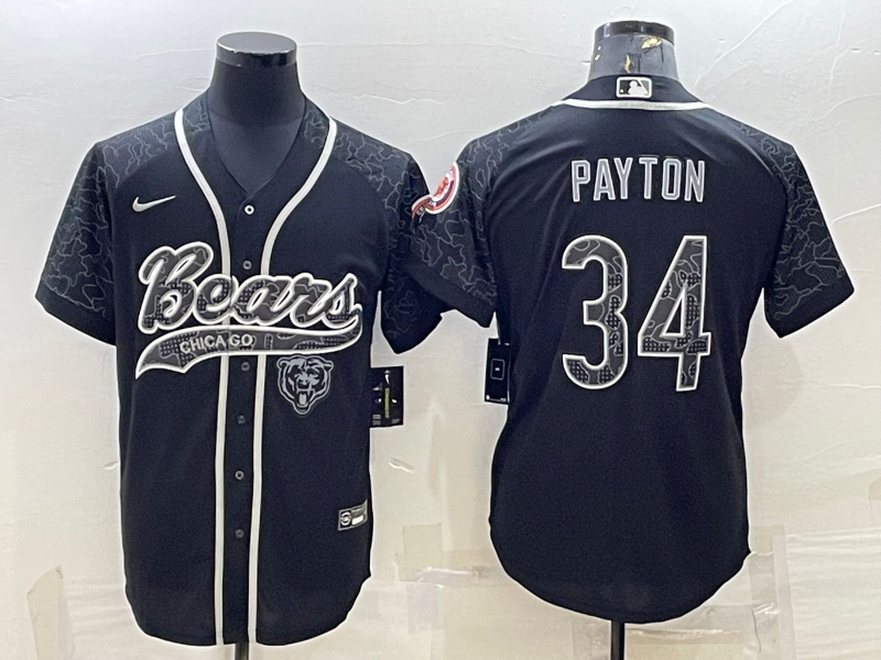 Chicago Bears #34 Walter Payton Black Reflective With Patch Cool Base Stitched Baseball Jersey