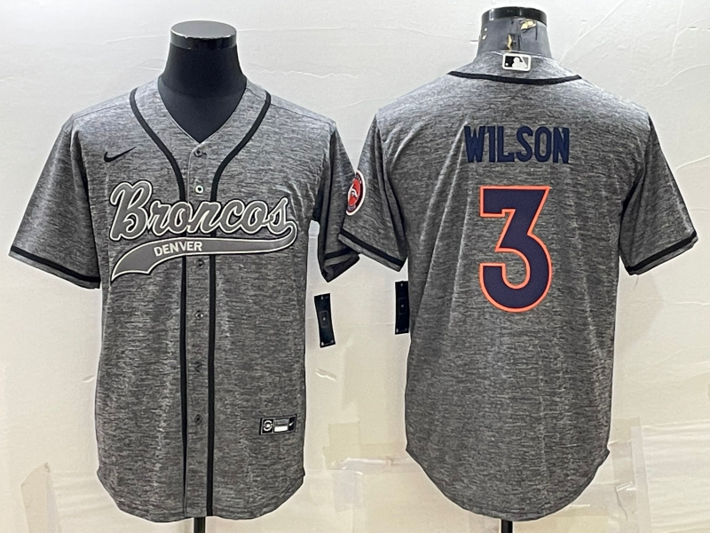 Denver Broncos #3 Russell Wilson Grey With Patch Cool Base Stitched Baseball Jersey