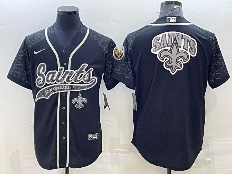 New Orleans Saints Black Reflective Team Big Logo With Patch Cool Base Stitched Baseball Jersey