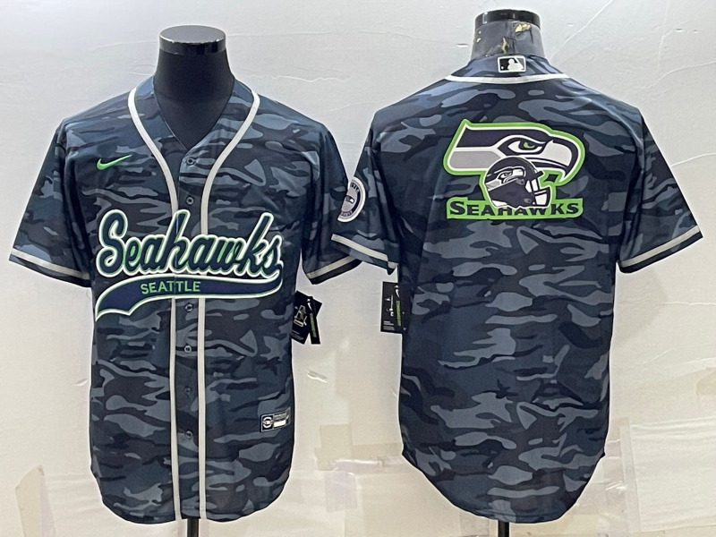 Seattle Seahawks Grey Camo Team Big Logo With Patch Cool Base Stitched Baseball Jersey
