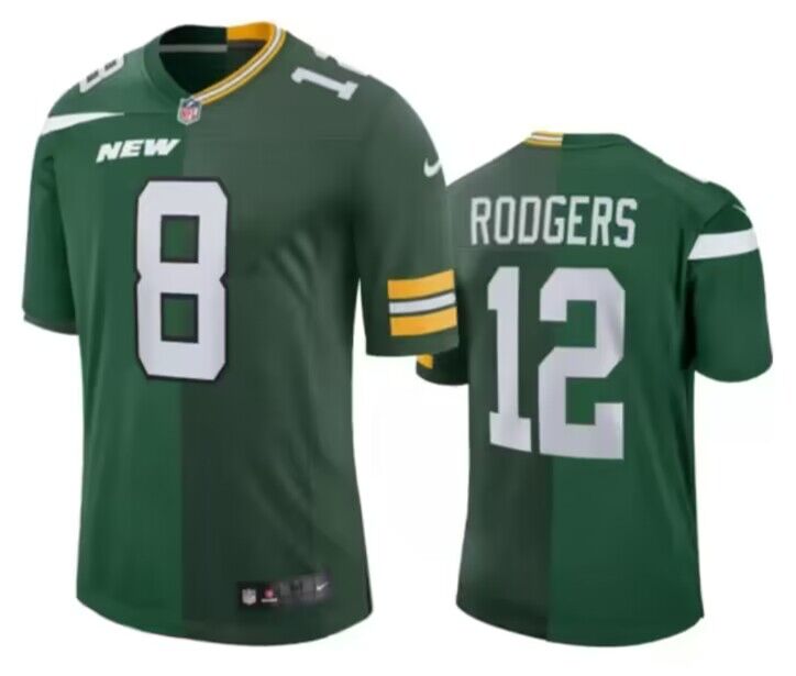 New York Jets Front #8 Back #12 Aaron Rodgers Split Green Jersey