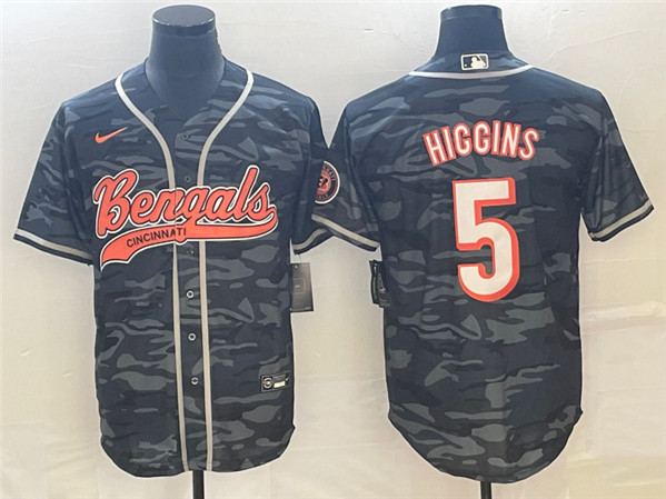 Cincinnati Bengals #5 Tee Higgins Gray Camo With Patch Cool Base Stitched Jersey
