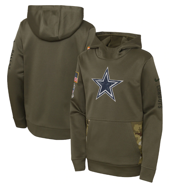 Youth Dallas Cowboys 2022 Olive Salute To Service Therma Performance Pullover Hoodie