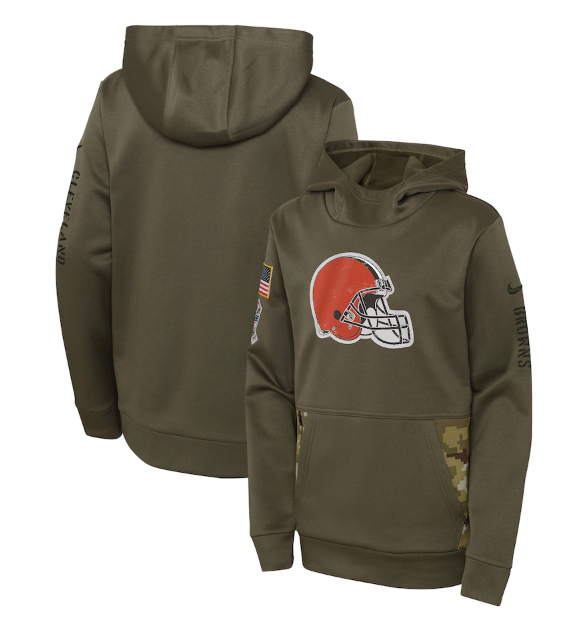 Youth Cleveland Browns 2022 Olive Salute To Service Therma Performance Pullover Hoodie