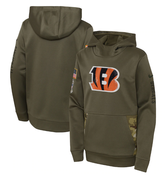 Youth Cincinnati Bengals 2022 Olive Salute To Service Therma Performance Pullover Hoodie