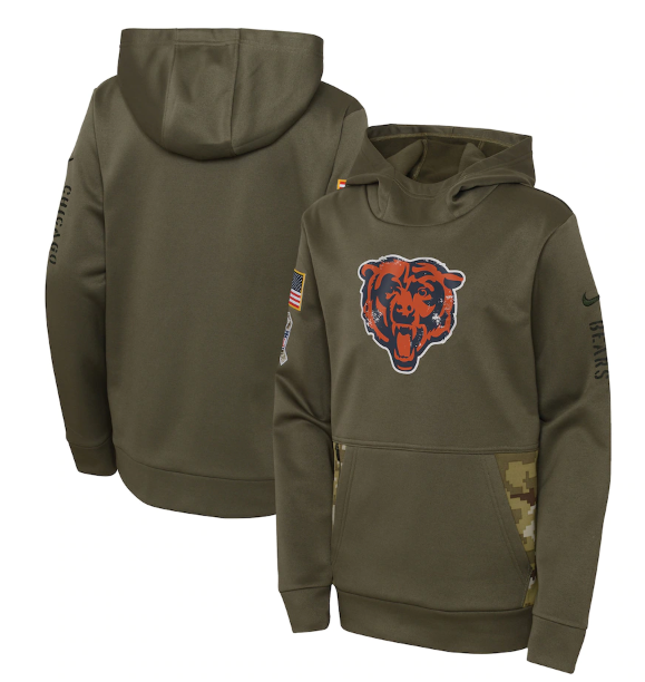 Youth Chicago Bears 2022 Olive Salute To Service Therma Performance Pullover Hoodie