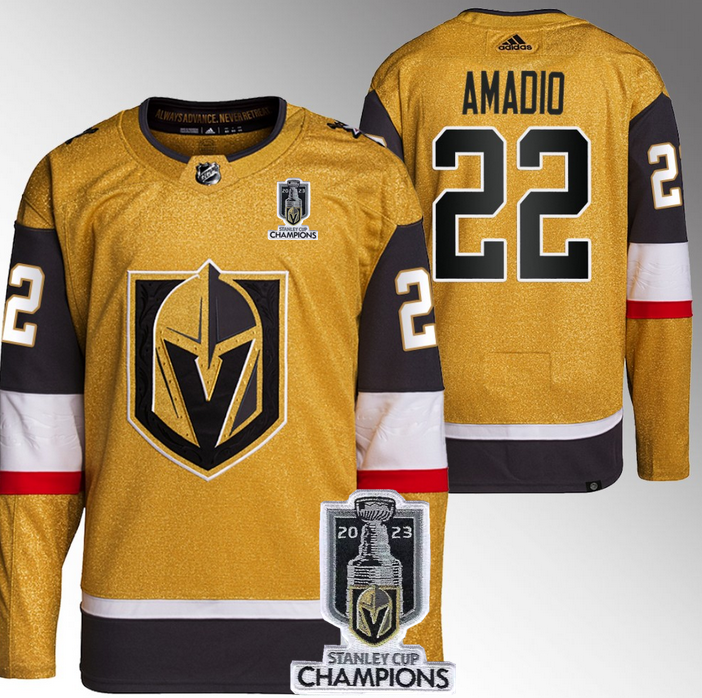 Vegas Golden Knights #22 Michael Amadio Gold 2023 Stanley Cup Champions Stitched Jersey