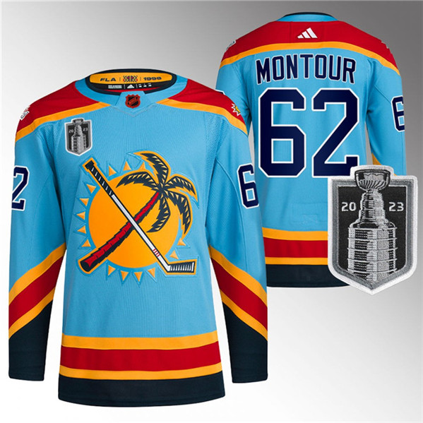 Florida Panthers #62 Brandon Montour Blue 2023 Stanley Cup Final Reverse Retro Stitched Jersey