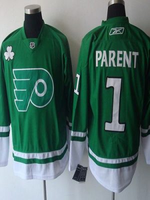 Flyers #1 Bernie Parent Green St. Patty's Day Stitched Jersey